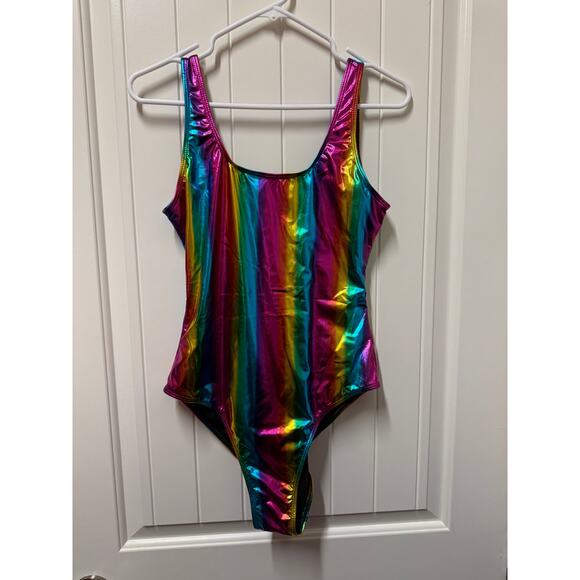 NWT Women's Metallic Shiny Bathing Suit Scoop Neck One Piece Swimsuits Sz Medium - Picture 2 of 6